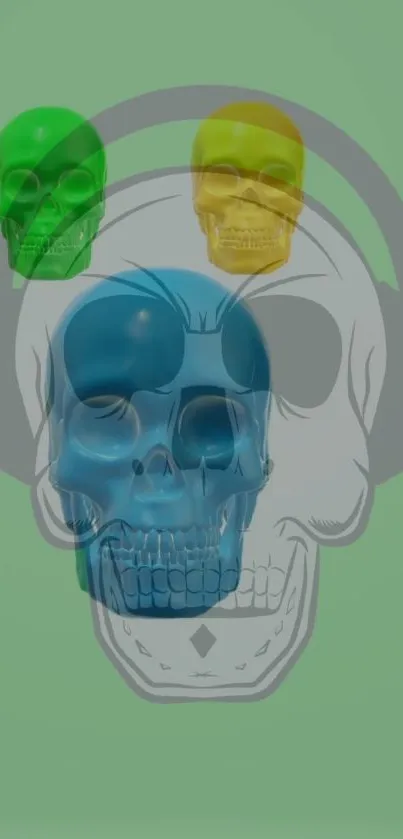 Colorful skull art wallpaper with green, blue, and yellow hues.