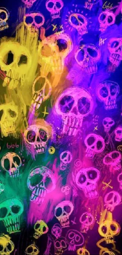 Vibrant skulls with neon colors on dark background wallpaper.