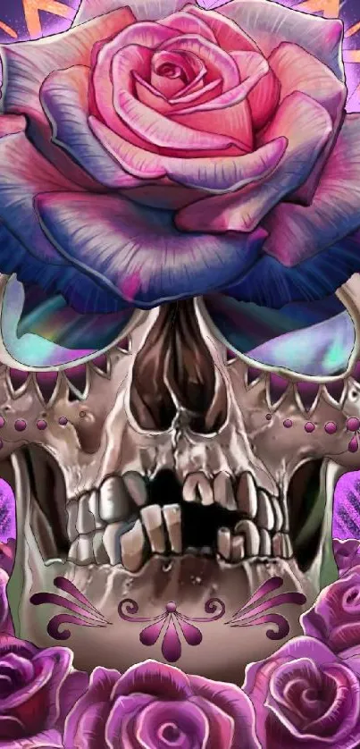 Vibrant skull with roses and artistic flair, perfect for mobile wallpaper.