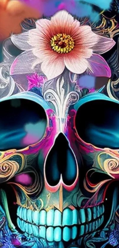 Colorful skull art wallpaper with floral elements.