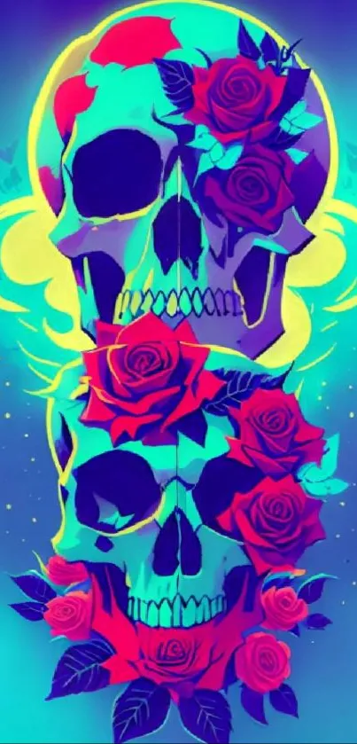 Neon skulls with roses mobile wallpaper in vibrant colors.