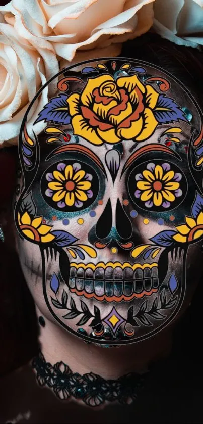 Colorful sugar skull mobile wallpaper with floral designs and dark background.