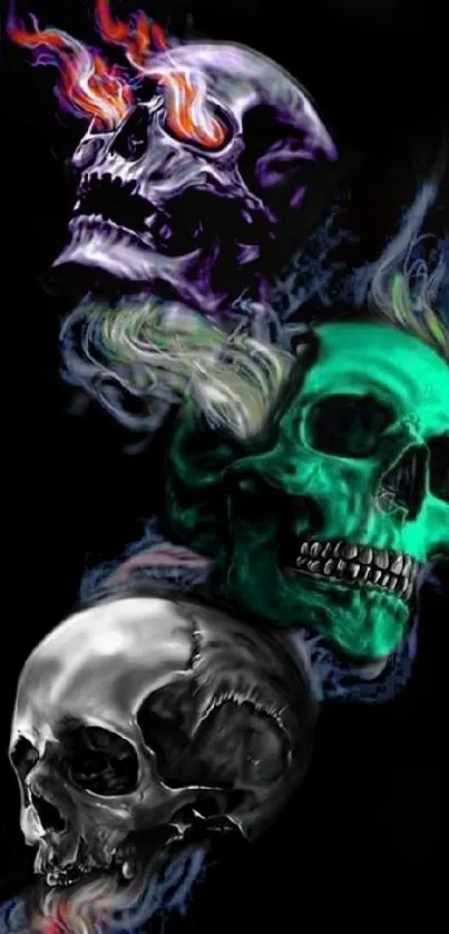 Colorful skulls art on dark wallpaper background.