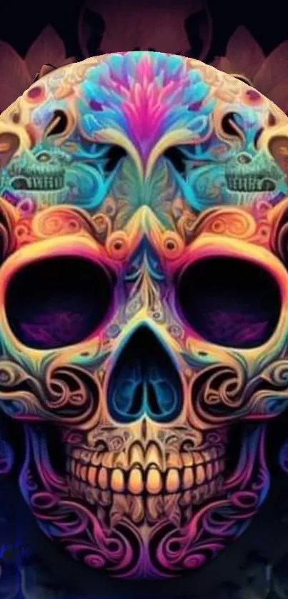 Colorful skull art with neon patterns, perfect as a mobile wallpaper.