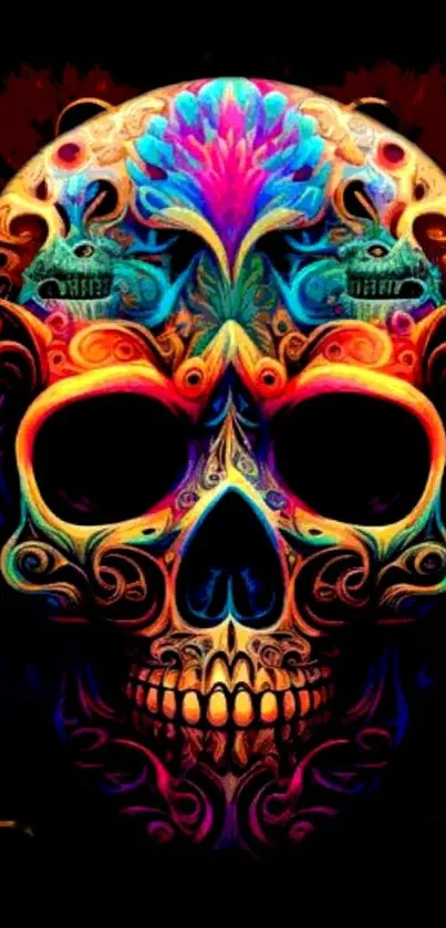 Intricate neon skull art wallpaper with vibrant colors on a dark background.