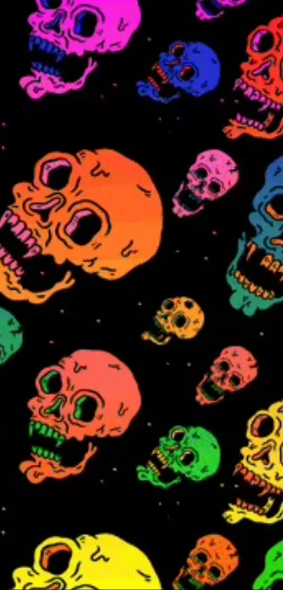Colorful skulls on a black background creating an artistic wallpaper.