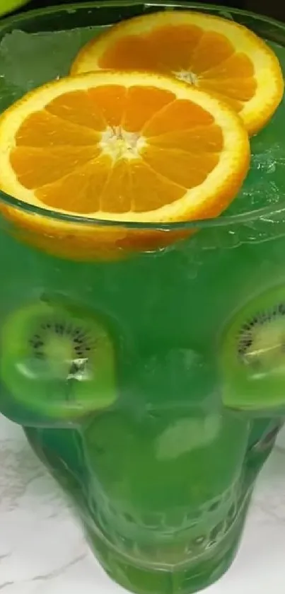 Skull-shaped cocktail with fruit garnish.