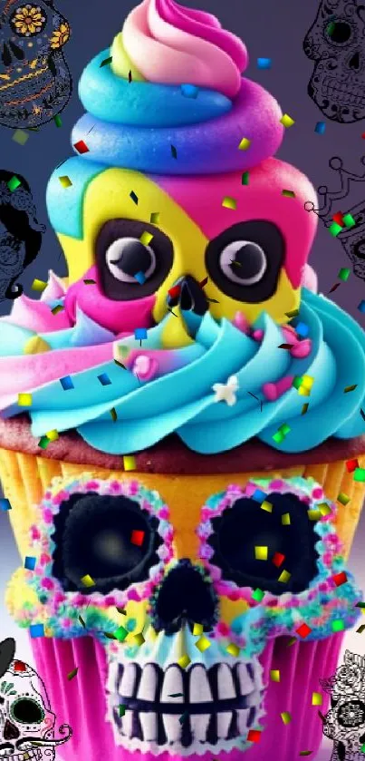 Colorful skull cupcake illustration with vibrant pastel swirls and intricate details.