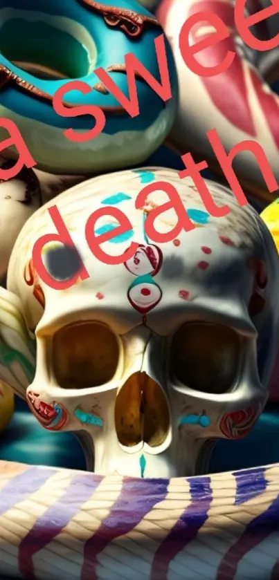 Colorful skull and donut art wallpaper with vibrant details.