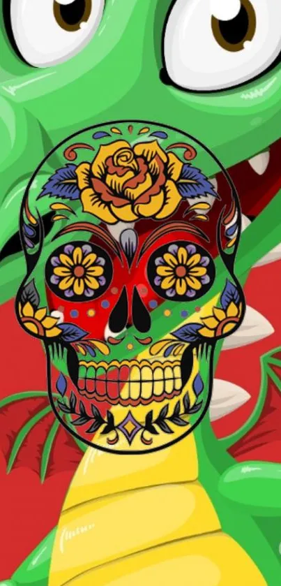 Vibrant skull and dragon design wallpaper