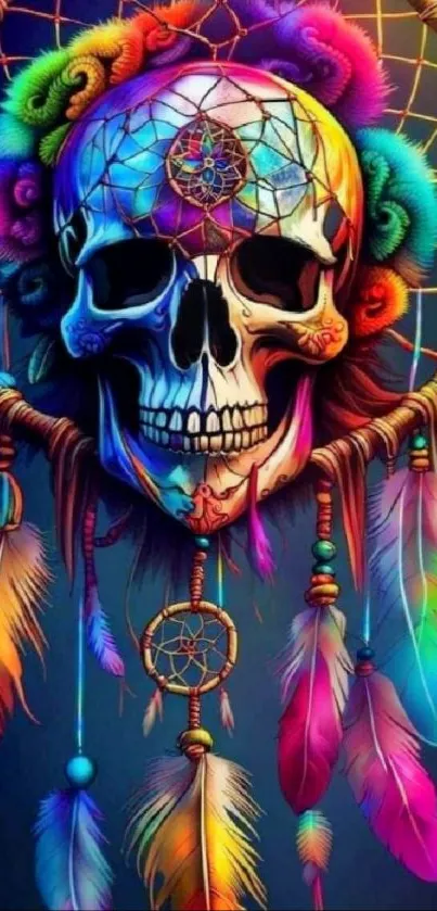 Vibrant skull and dreamcatcher mobile wallpaper with colorful feathers.