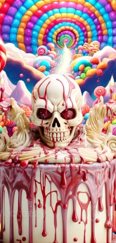 Vibrant candy wallpaper with artistic skull and rainbow design.