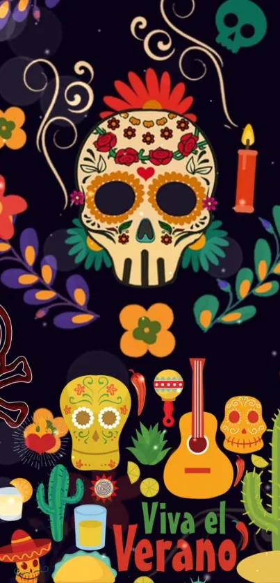 Colorful skull with floral elements on black background.