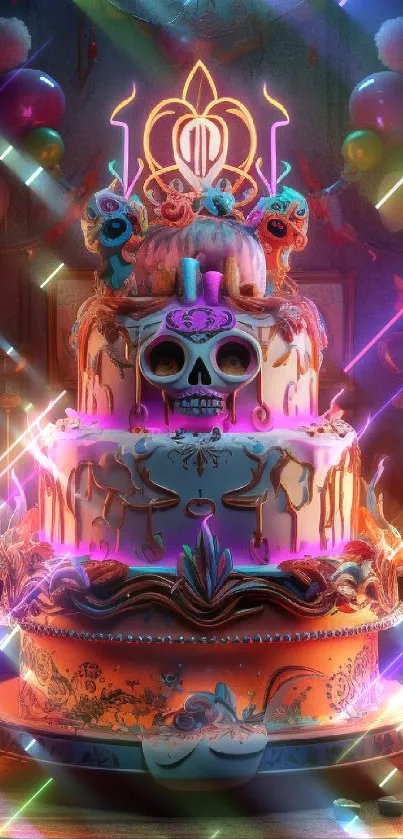 Vibrant Day of the Dead themed cake with colorful skulls and candles.