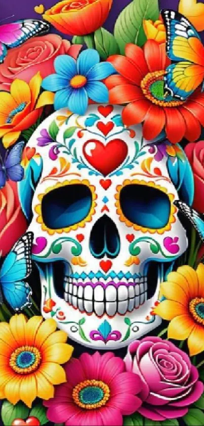 Colorful skull with flowers and butterflies on a purple background wallpaper.