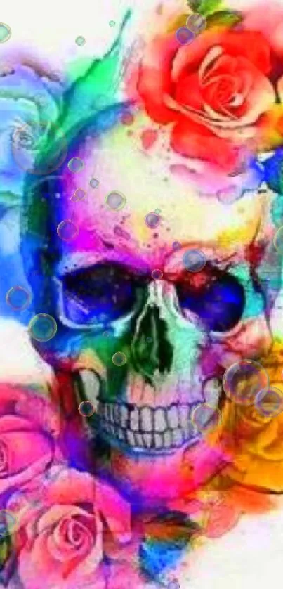 Colorful skull with roses and vibrant watercolor splashes background.