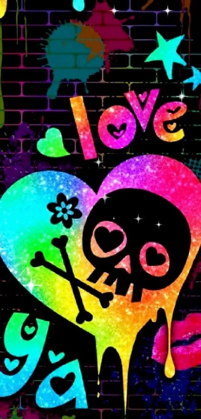 Colorful skull and heart graffiti wallpaper art.