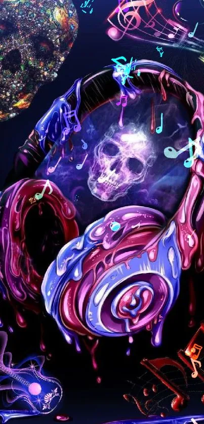 Colorful skull with headphones wallpaper featuring vibrant cosmic elements.