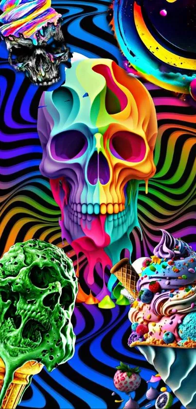 Colorful psychedelic skull and ice cream wallpaper.