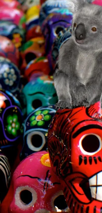 A koala sits on vibrant, colorful skulls in an artistic mobile wallpaper.