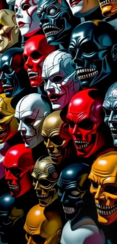 Colorful skull masks creating vibrant art design.