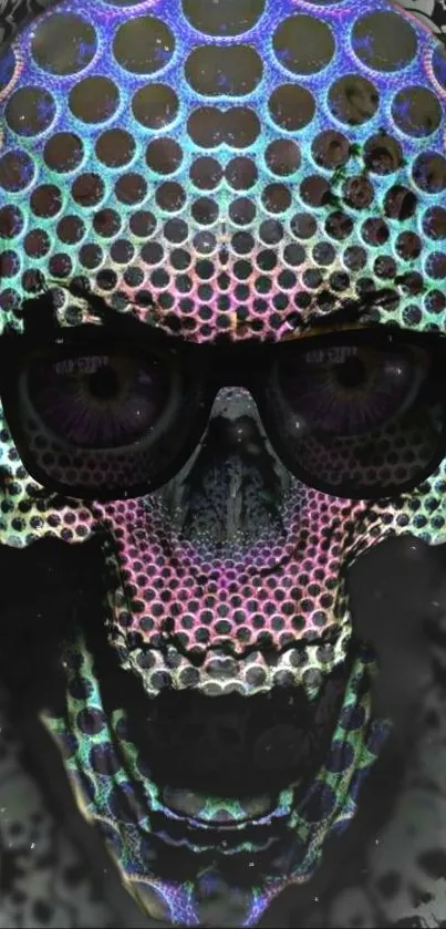 Psychedelic holographic skull with sunglasses on mobile wallpaper.