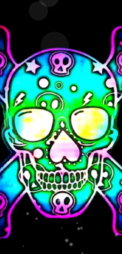 Colorful neon skull wallpaper with bright hues and intricate design.