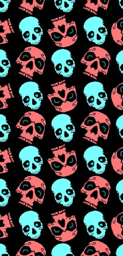 Colorful skull pattern wallpaper with pink and teal on black background.