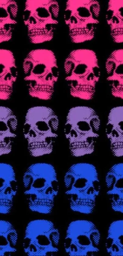 Vibrant pink, purple, and blue skull pattern wallpaper.