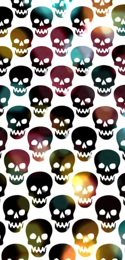 Colorful skull pattern mobile wallpaper with glowing effects.