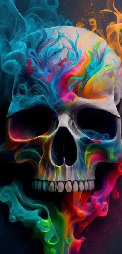 Colorful skull with vibrant smoke on dark blue background.