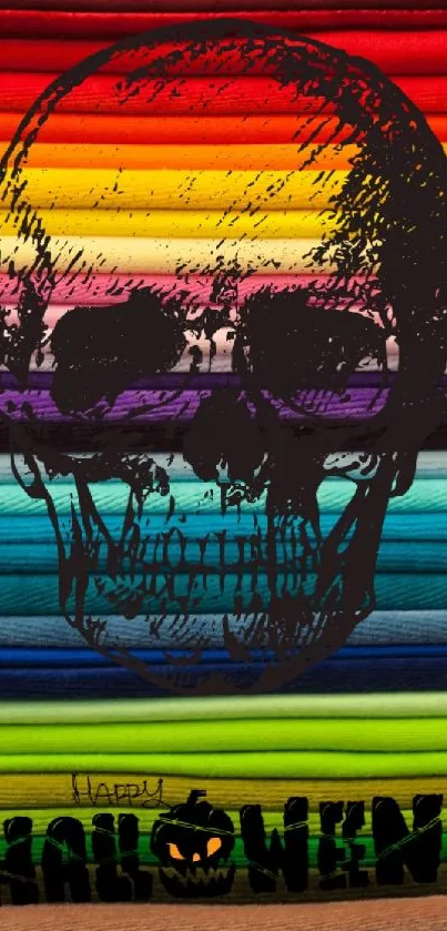 Colorful skull and rainbow gradient wallpaper with Halloween theme.