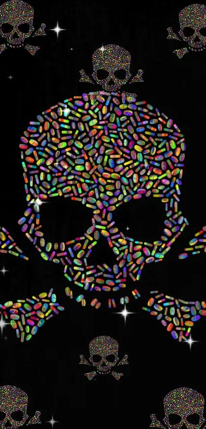 Colorful skull made of small, bright pills on a black background.