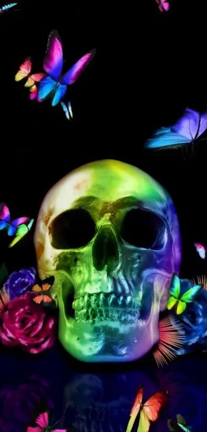 Colorful skull with butterflies and roses on a dark background.