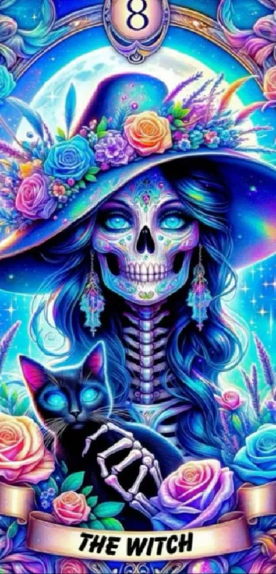 Mystical skull with colorful flowers and cat mobile wallpaper.