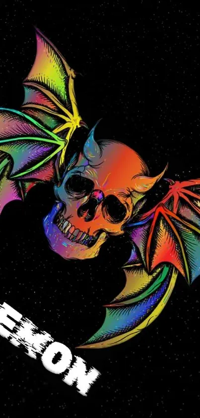 Colorful skull with rainbow wings on a black background.