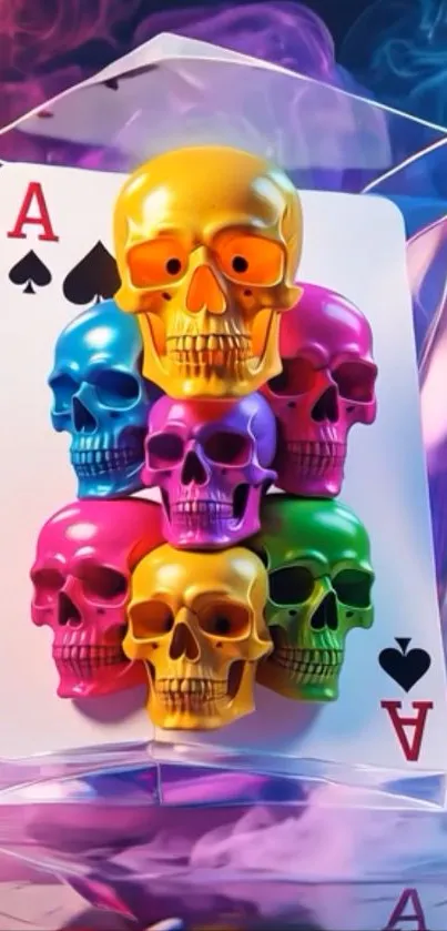 Colorful skulls stacked on a playing card wallpaper.