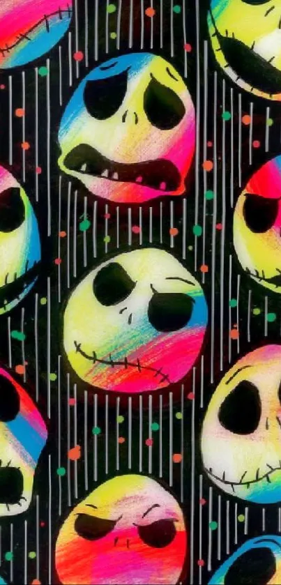 Colorful skulls wallpaper with neon patterns on a black background.