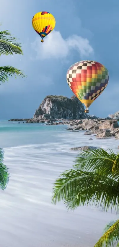 Tropical beach with colorful balloons and clear blue sky.