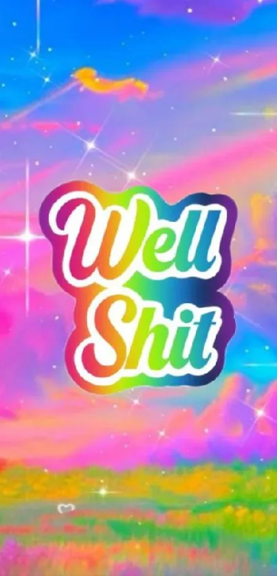 Vibrant colorful sky wallpaper with whimsical text design.