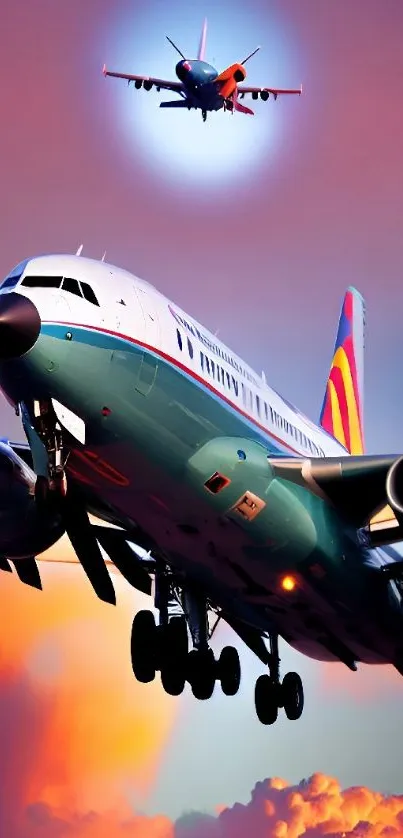Airplanes soaring through vibrant orange sky at sunset.