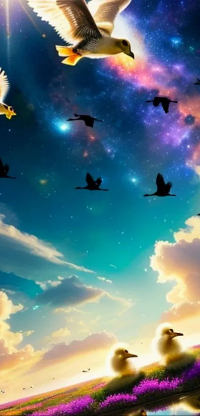 Vibrant sky filled with birds and colorful clouds.