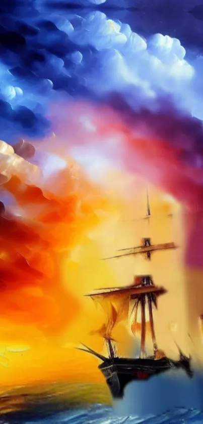 Artistic ship scene with colorful sky.