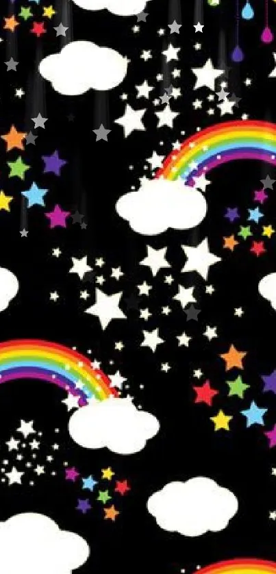 Colorful stars, clouds, and rainbows on a black phone wallpaper.