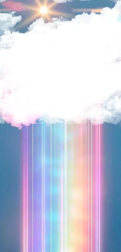 Fluffy clouds with colorful rainbow on a blue background.