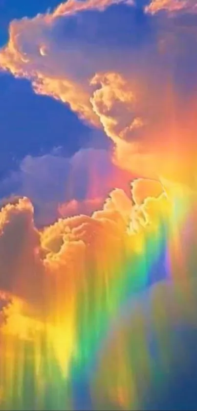 Colorful clouds with a vibrant rainbow against a blue sky.