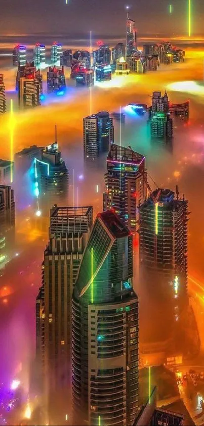 Vibrant city skyline with fog and colorful lights at night.