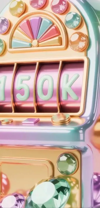 Colorful slot machine with jewels and 150K display.