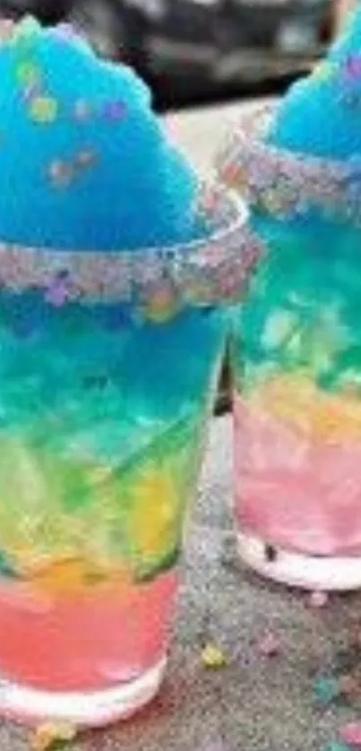 Colorful slushie drink with sprinkles in vibrant hues.