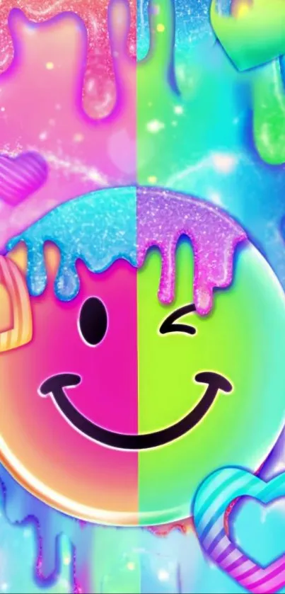 Colorful smiley face with heart designs and dripping paint.